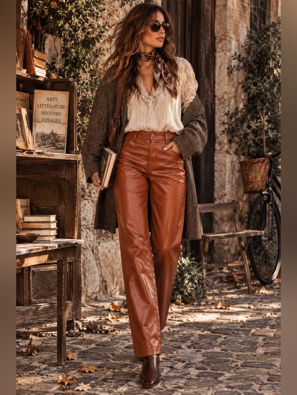 Whiteroom + Cactus Cognac Faux Leather Straight Leg Pants Size L Quiet Luxury